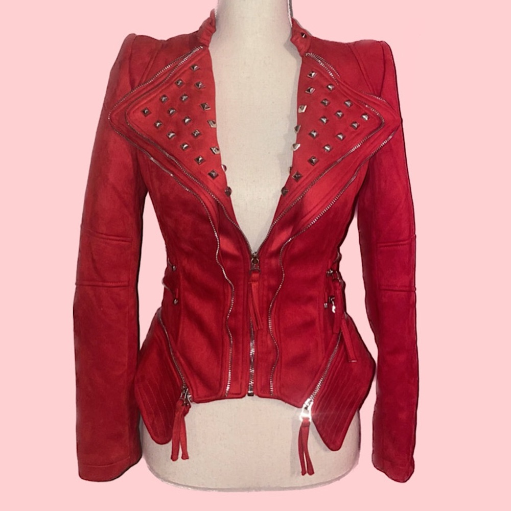 Eclectic Red Suede Zipper Decor Blazer